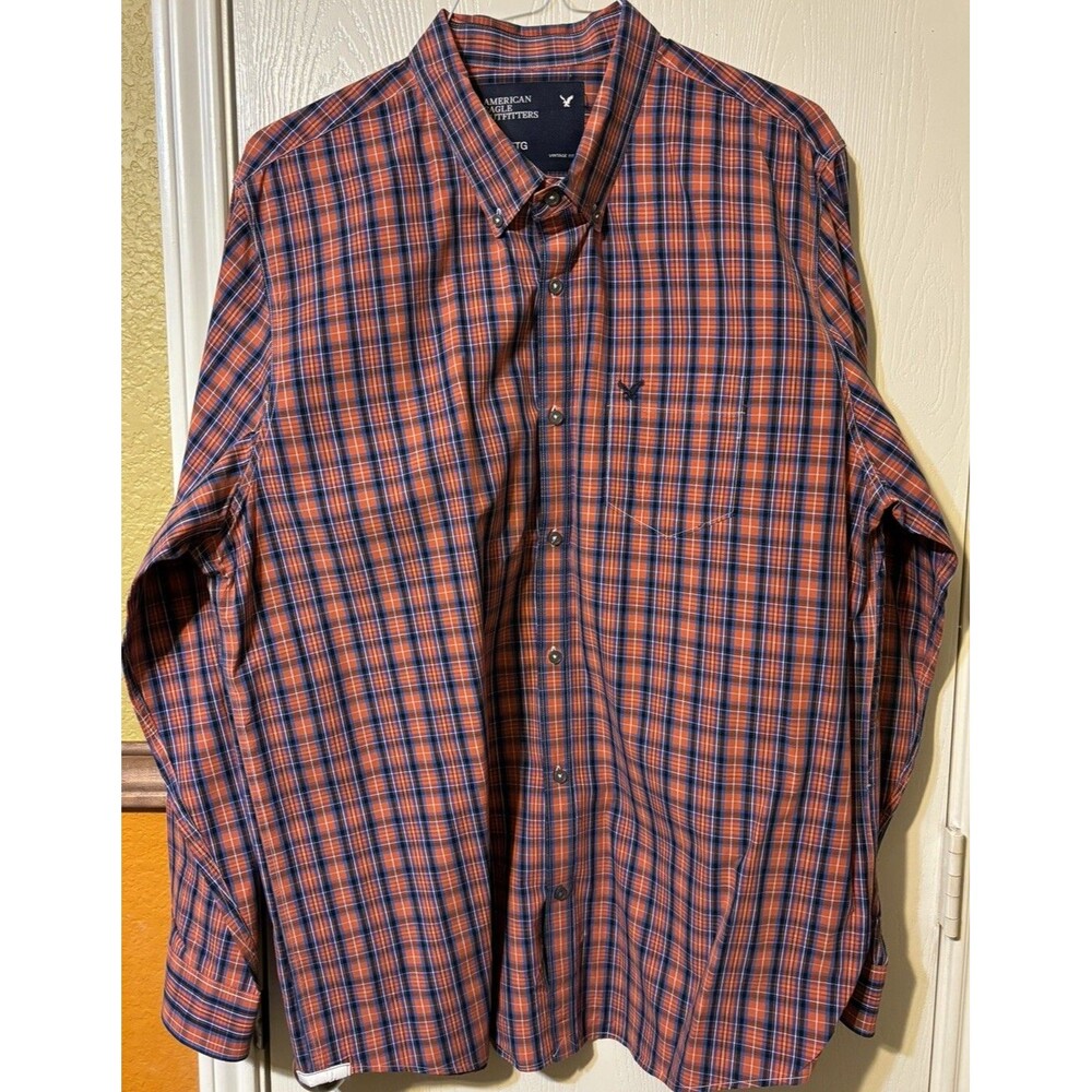 American Eagle Outfitters XXL Mens Button Up Long Sleeve Orange With Black/Blue